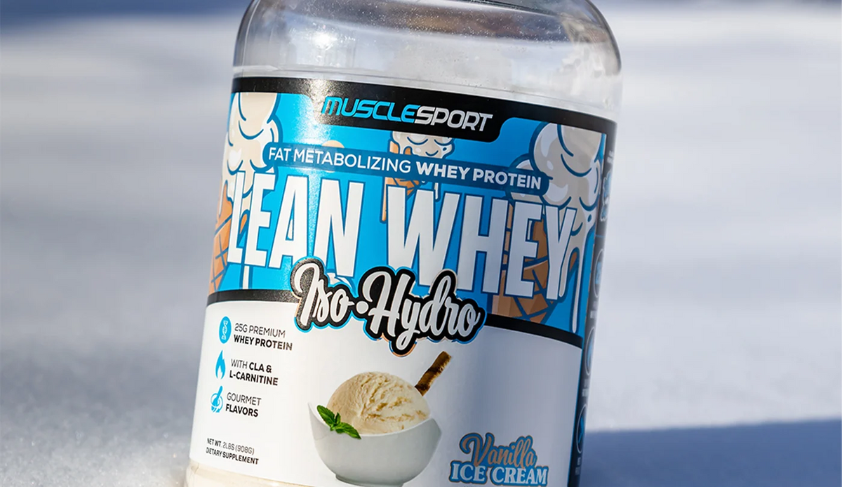 MuscleSport Lean Whey Iso Hydro Vanilla Ice Cream tub in snow