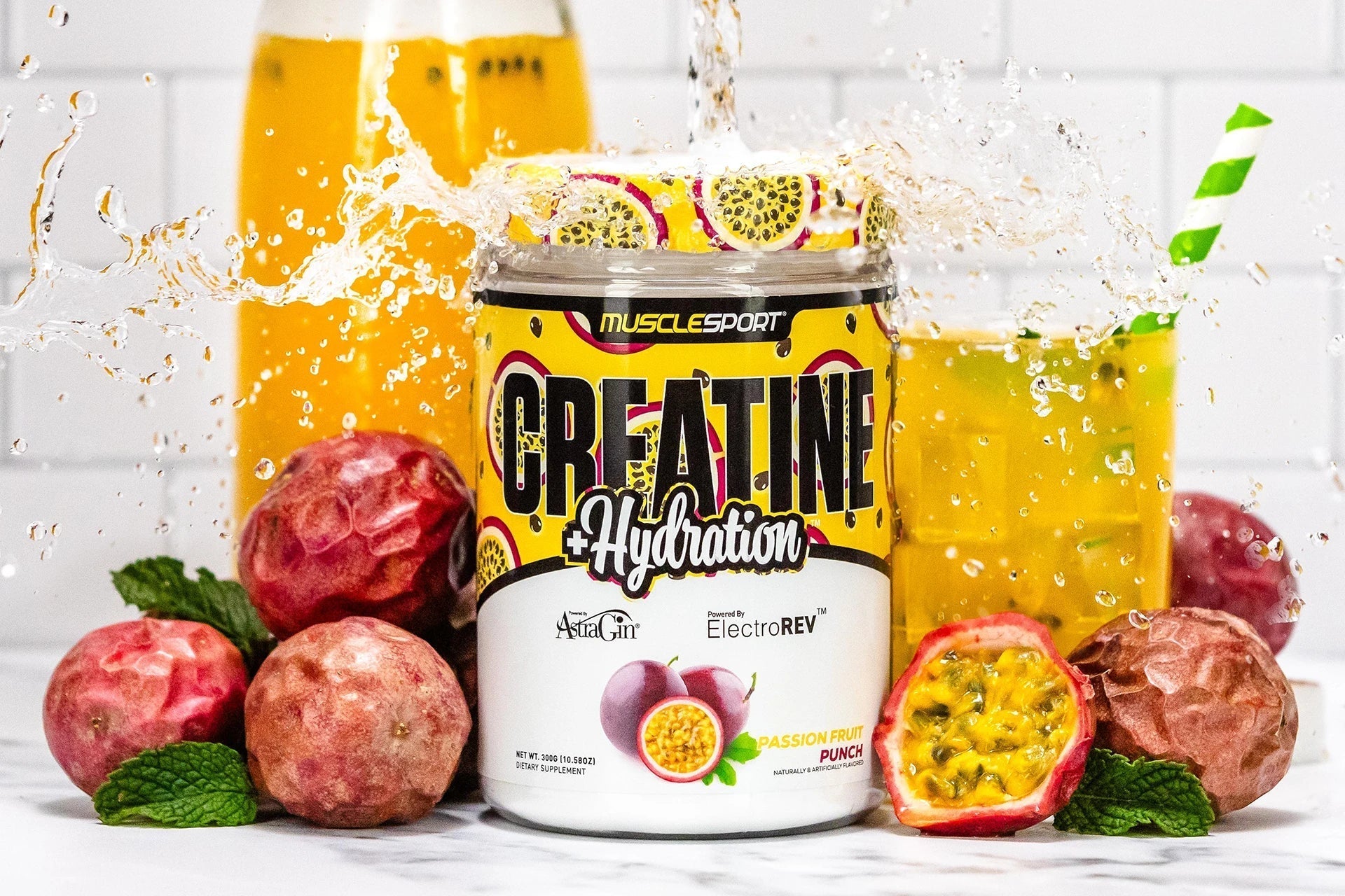 Musclesport Creatine + Hydration Passion Fruit Punch – On bench with Passion Fruit and Juice