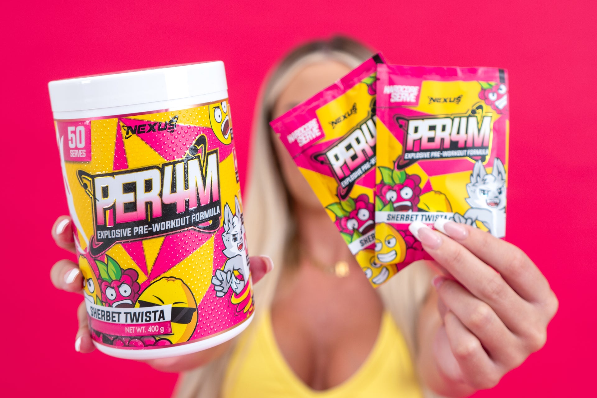 Woman Holding Nexus PER4M Pre-Workout - Sherbet Twista
