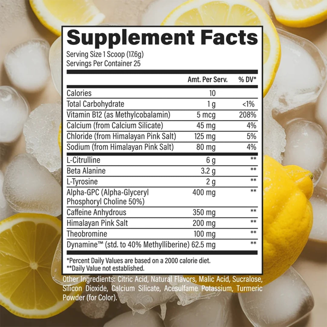 CBUM Essential Charged Pre-Workout Icy Lemon Slush 25 Servings Supplement Facts Panel – RAW Nutrition | ASN