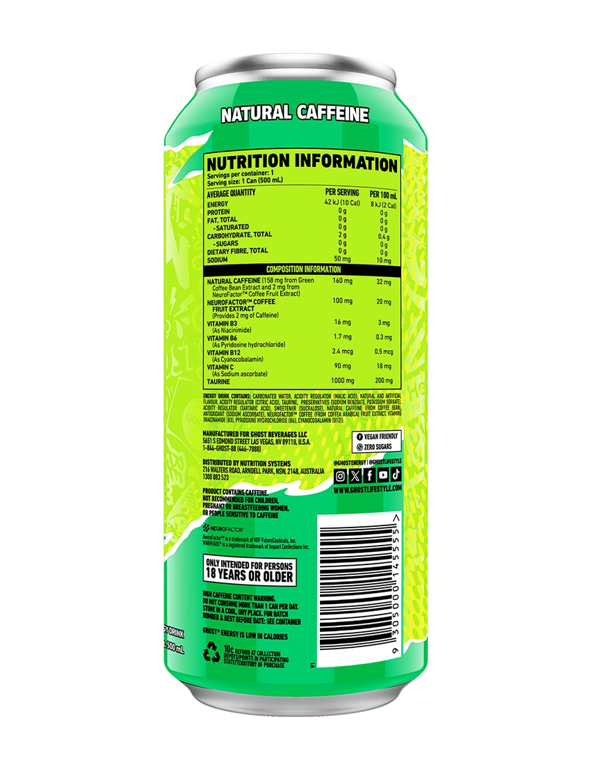 Ghost Energy 500m L Warheads Sour Green Apple Back | ASN