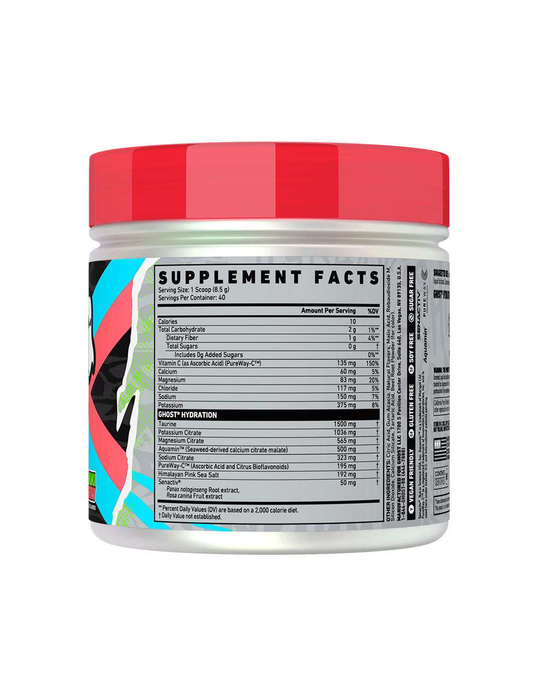 Ghost Hydration Electrolytes+ Kiwi Strawberry 40 Servings Supplement Facts Panel – GHOST | ASN