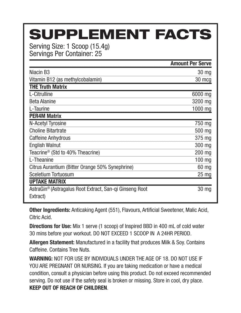 Inspired BBD 25 Serve Apple Blackcurrant Supplement Facts Panel | ASN