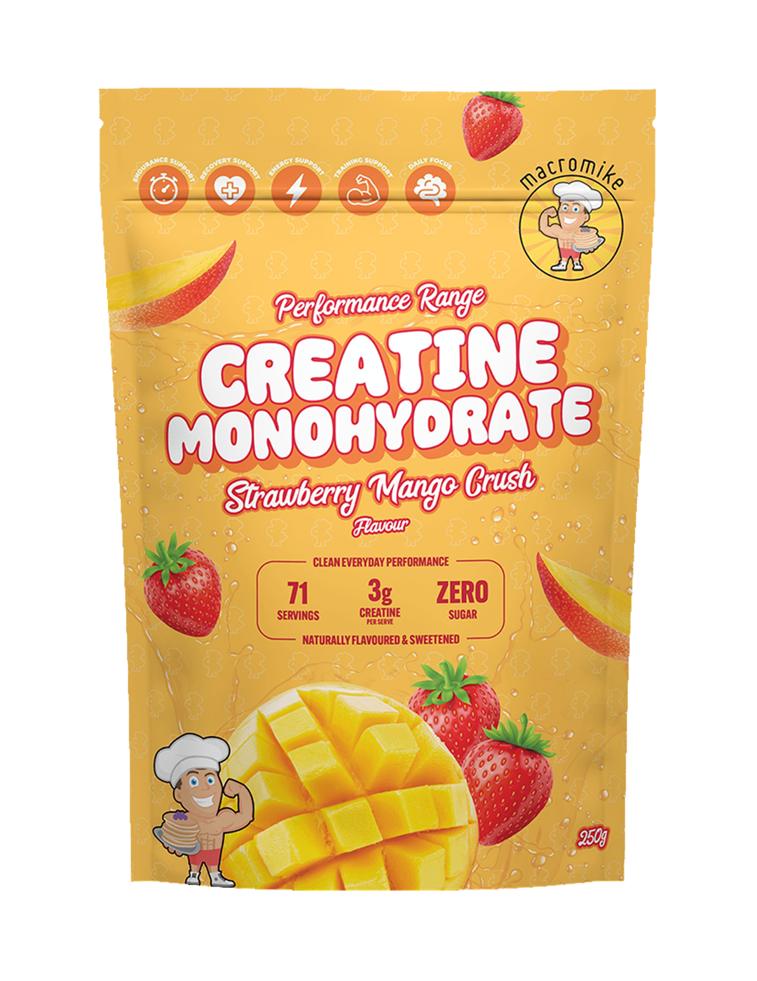 Macro Mike Creatine Monohydrate Strawberry Mango Crush 250g Front – Macro Mike | ASN