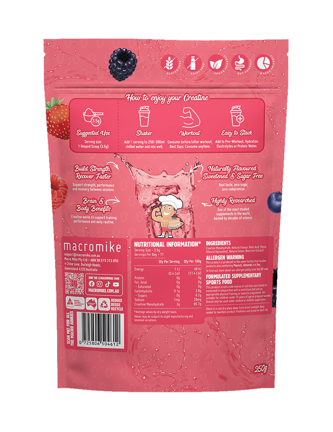 Macro Mike Creatine Monohydrate Tropical Berry Soda 250g Nutrition Information Panel – Macro Mike | ASN