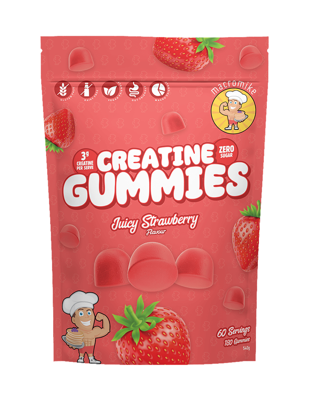 Macro Mike Creatine Gummies Juicy Strawberry 540g Front – Macro Mike | ASN