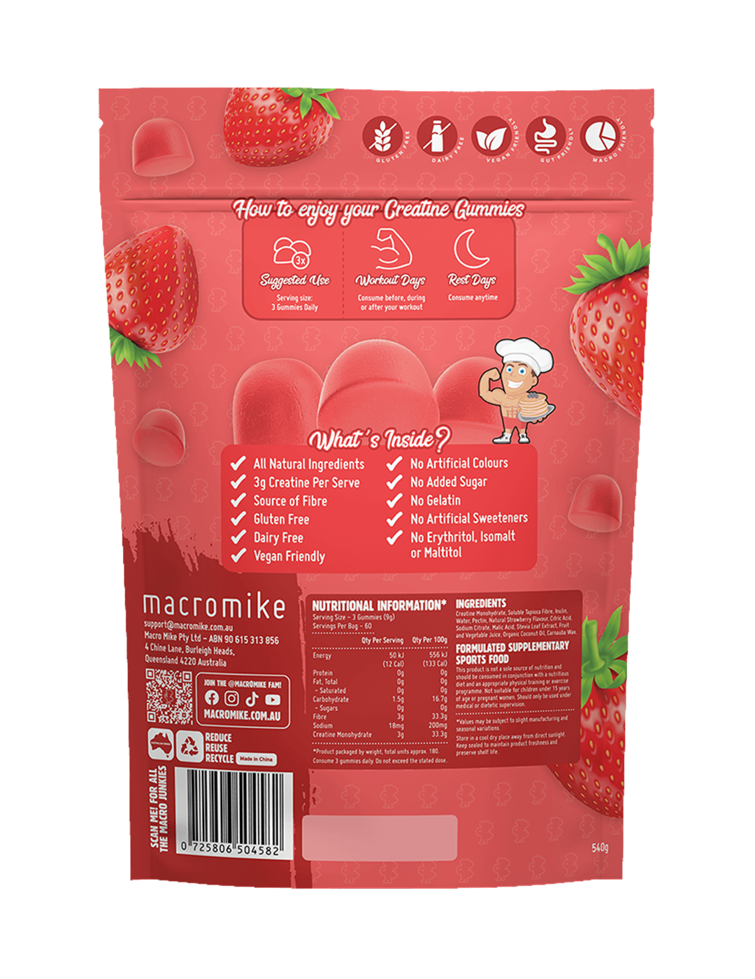 Macro Mike Creatine Gummies Juicy Strawberry 540g Nutrition Information Panel – Macro Mike | ASN