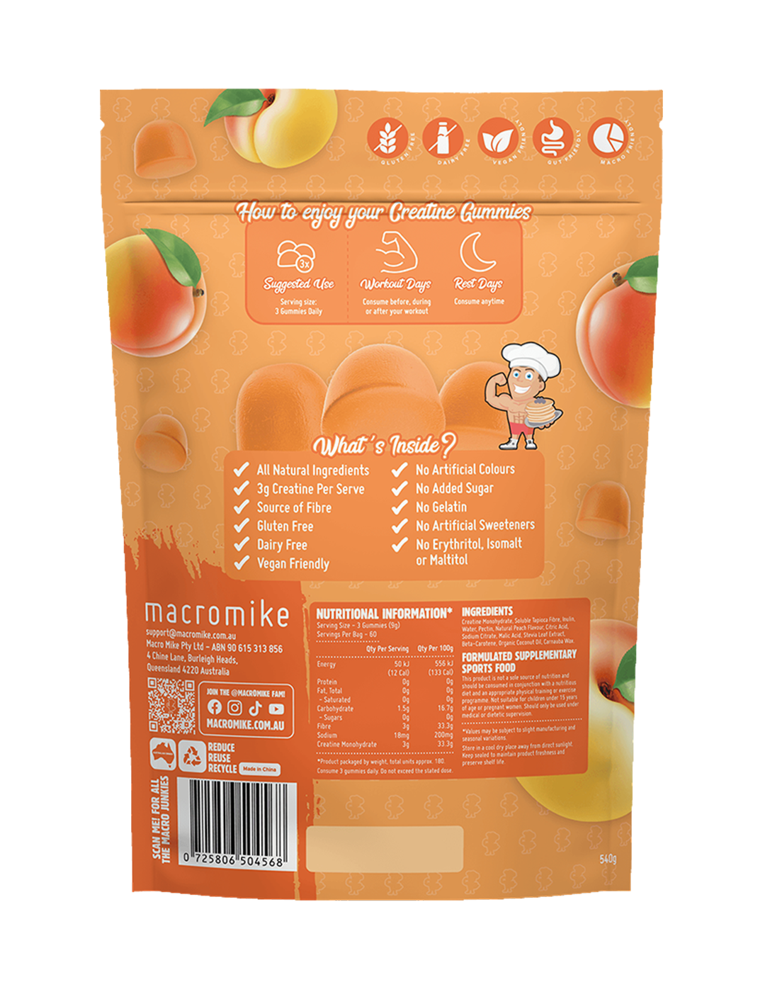 Macro Mike Creatine Gummies Peach Lolly 540g Nutrition Information Panel – Macro Mike | ASN