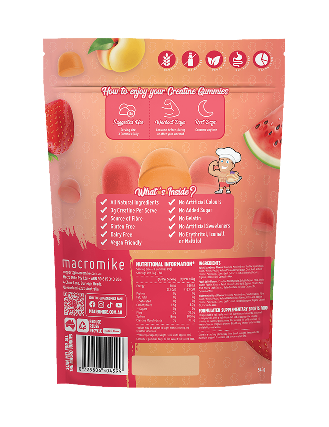 Macro Mike Creatine Gummies Triple Flavour Burst 540g Nutrition Information Panel – Macro Mike | ASN