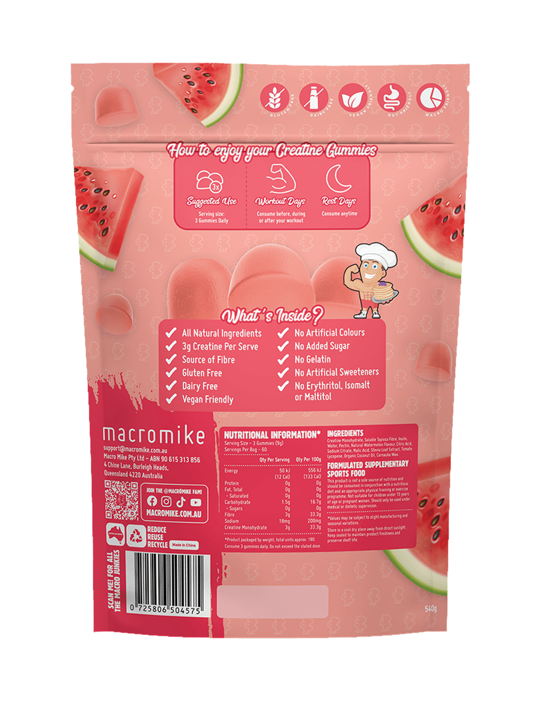 Macro Mike Creatine Gummies Watermelon Burst 540g Nutrition Information Panel – Macro Mike | ASN