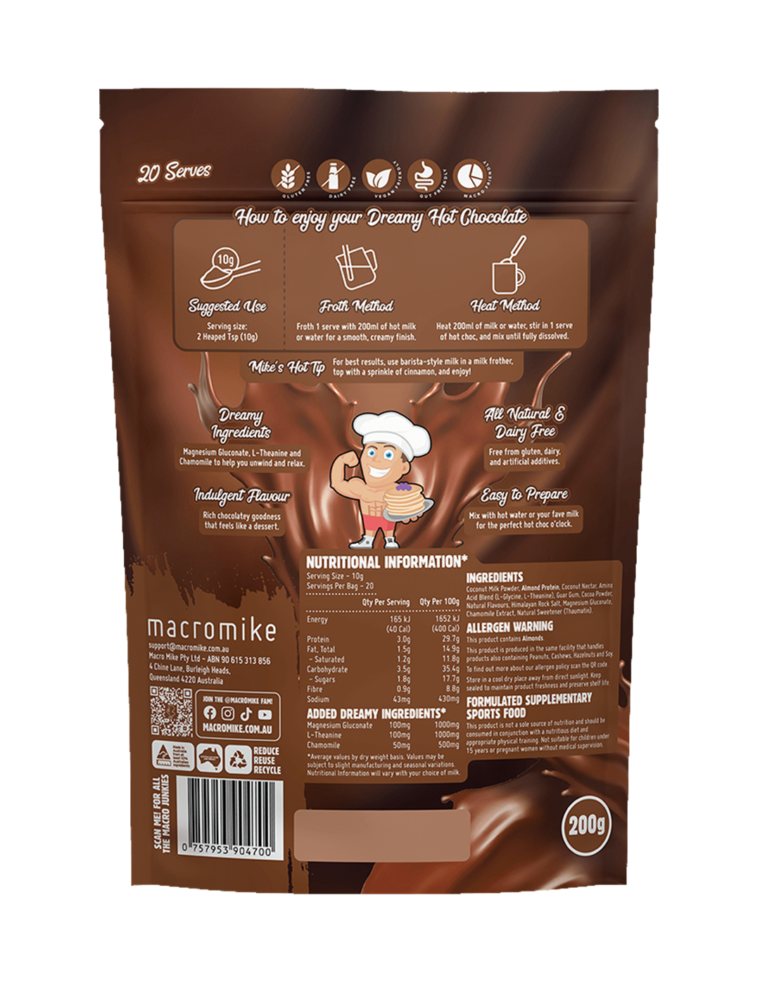 Macro Mike Dreamy Hot Chocolate Creamy Rich Choc 200g Nutrition Information Panel – Macro Mike | ASN