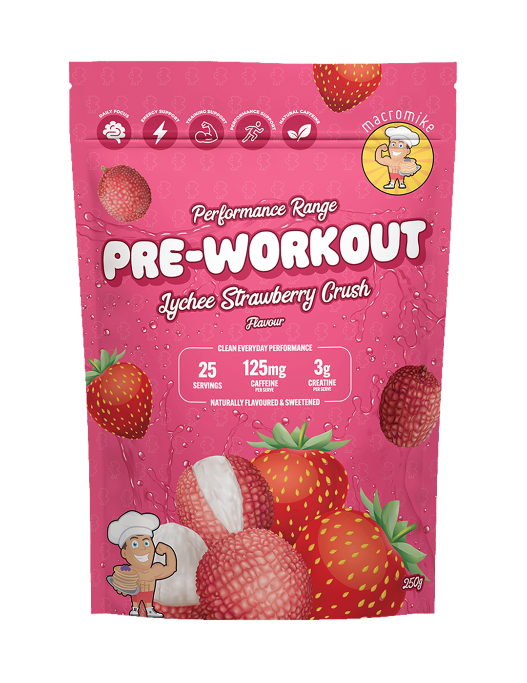 Macro Mike Pre-Workout Lychee Strawberry Crush 250g Front – Macro Mike | ASN