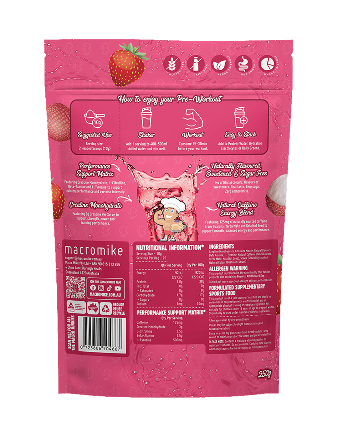 Macro Mike Pre-Workout Lychee Strawberry Crush 250g Nutrition Information Panel – Macro Mike | ASN