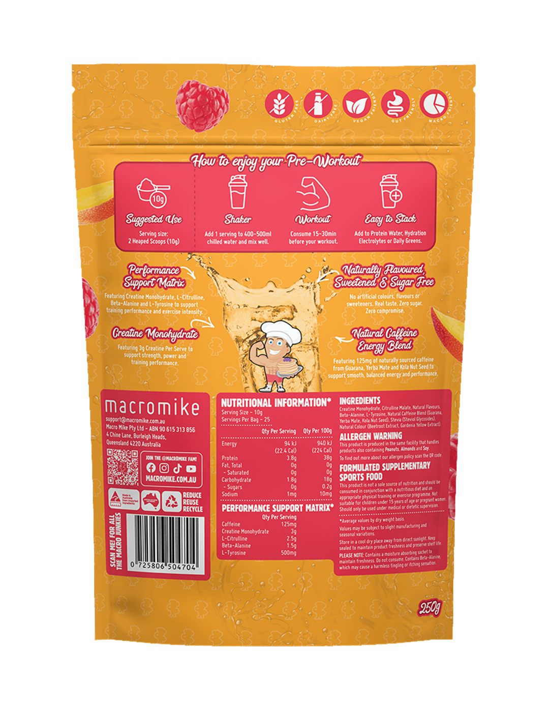 Macro Mike Pre-Workout Raspberry Mango Tango 250g Nutrition Information Panel – Macro Mike | ASN