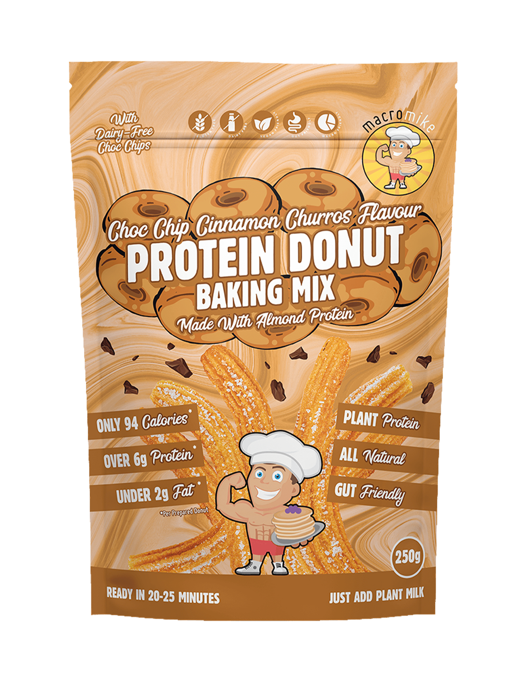 Macro Mike Baking Mix Choc Chip Cinnamon Churros Donut 250g Front – Macro Mike | ASN
