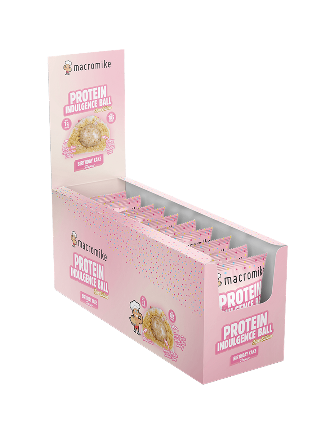 Macro Mike Protein Indulgence Ball Birthday Cake 12x40g Front – Macro Mike | ASN