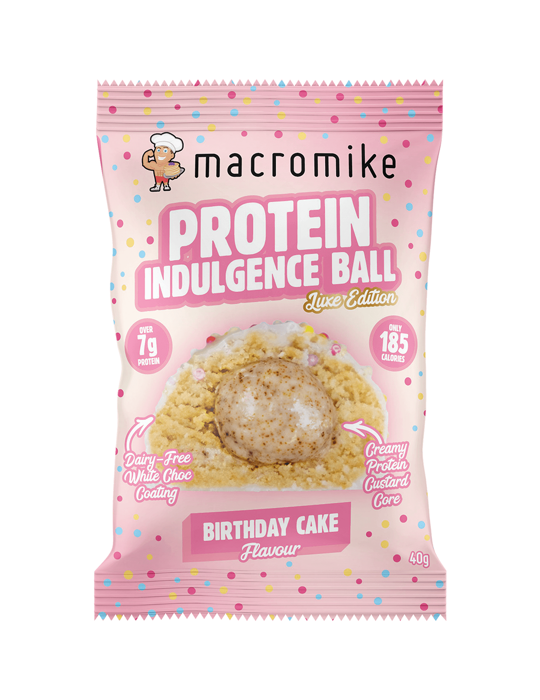 Macro Mike Protein Indulgence Ball Birthday Cake 40g Front – Macro Mike | ASN