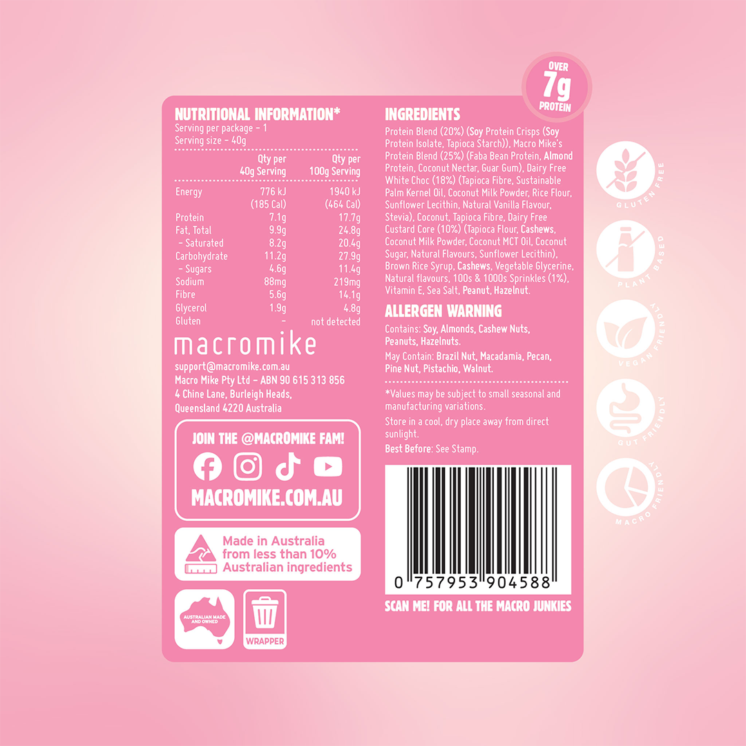 Macro Mike Protein Indulgence Ball Birthday Cake 40g Nutrition Information Panel – Macro Mike | ASN