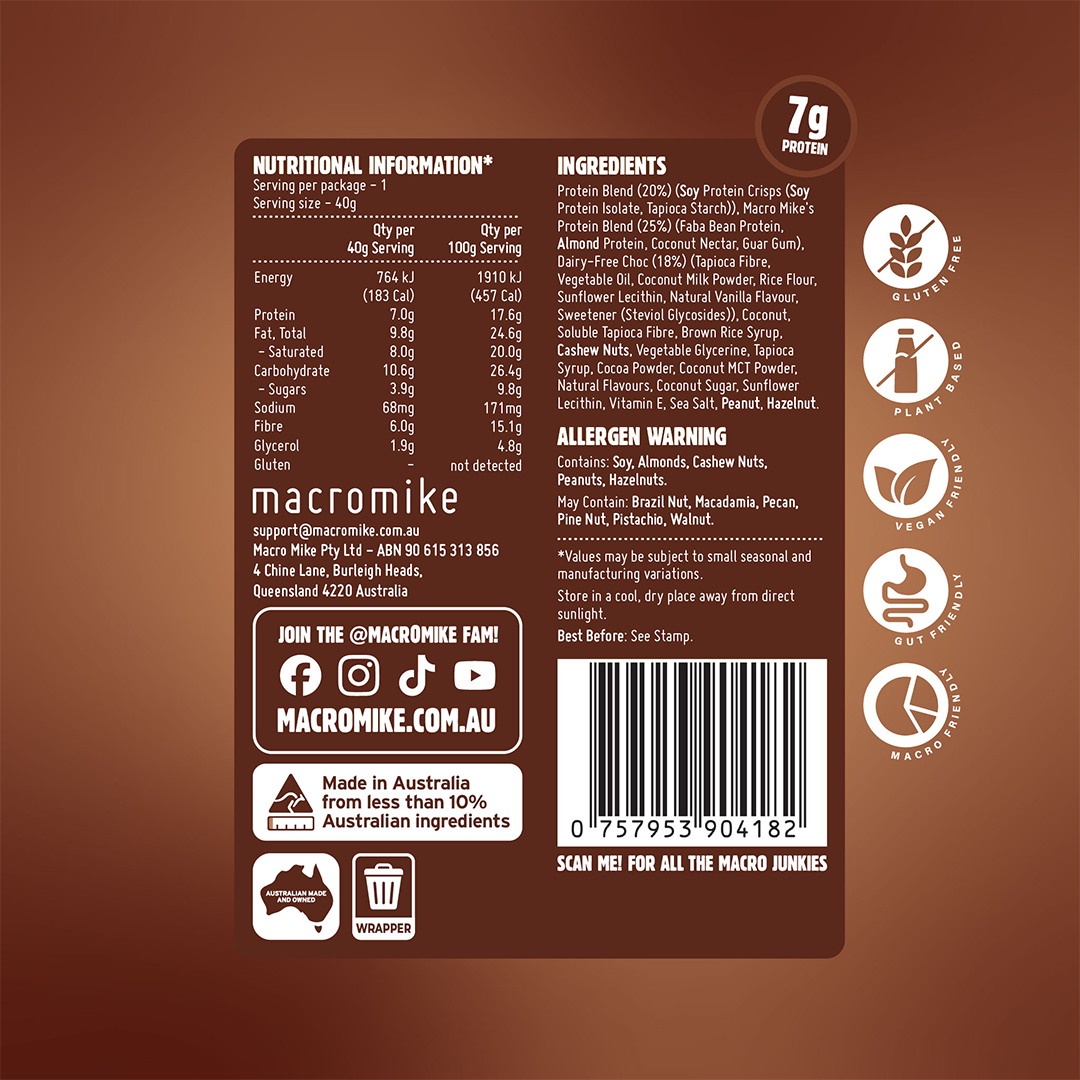 Macro Mike Protein Indulgence Ball Choc Coconut Lamington 40g Nutrition Information Panel – Macro Mike | ASN