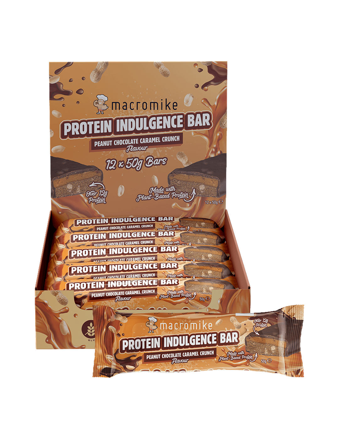 Macro Mike Protein Indulgence Bar Peanut Chocolate Caramel Crunch 12x50g Front – Macro Mike | ASN