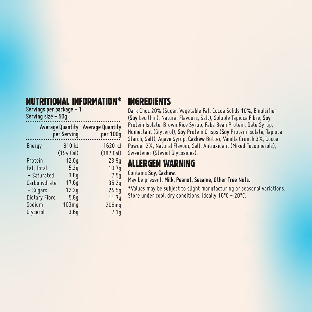 Macro Mike Protein Indulgence Bar Cookies & Cream 50g Nutrition Information Panel – Macro Mike | ASN