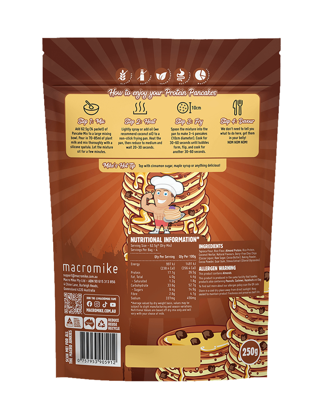 Macro Mike Baking Mix Double Choc Chip Pancake 250g Nutrition Information Panel – Macro Mike | ASN