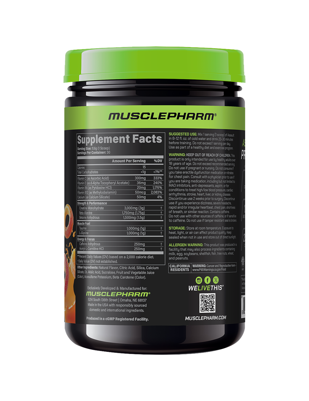 MusclePharm Assault Pre-Workout Sour Peach Rings 30 Servings Supplement Facts Panel – MusclePharm | ASN