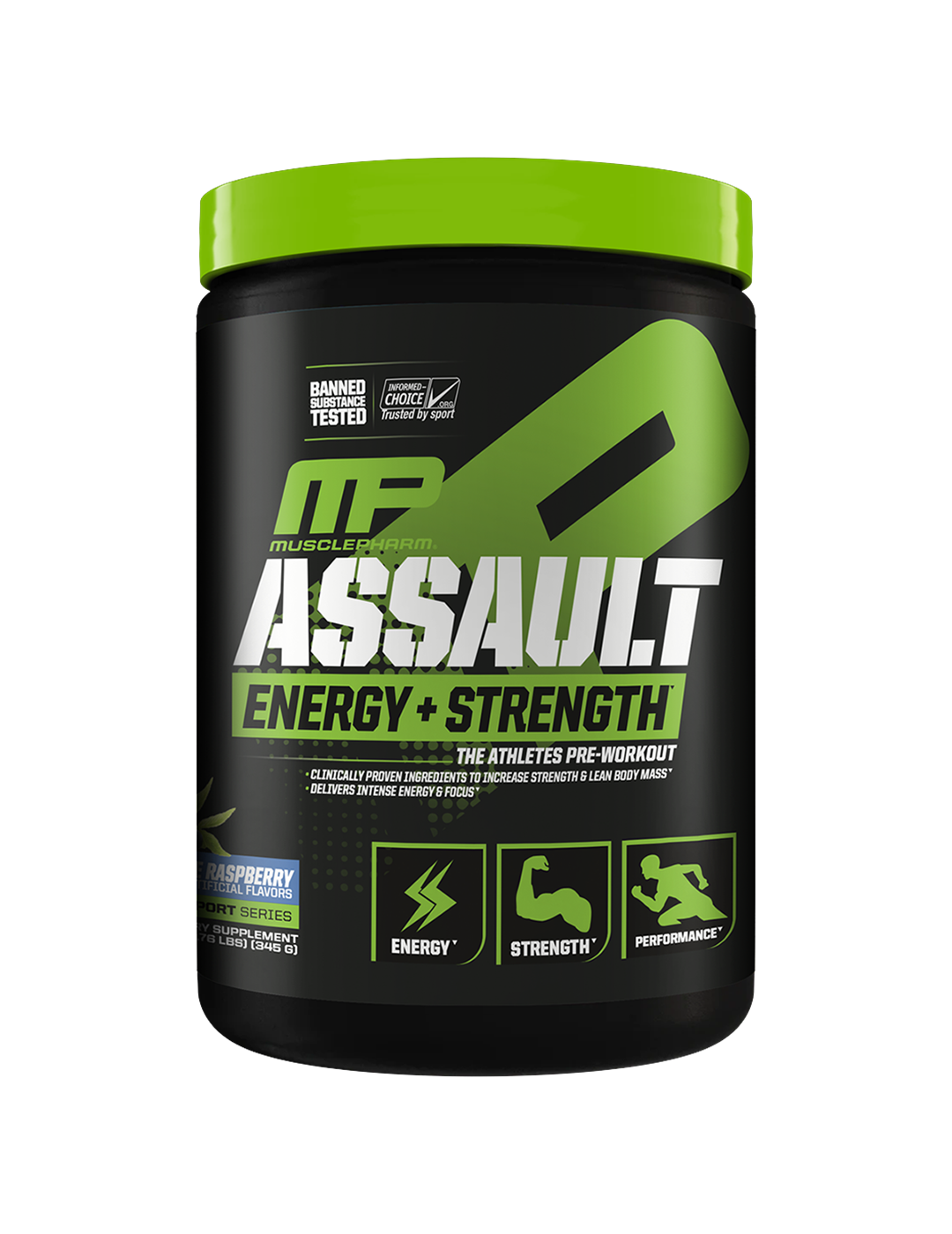 MusclePharm Assault Pre-Workout Blue Raspberry Sport Series 30 Servings Front – MusclePharm | ASN