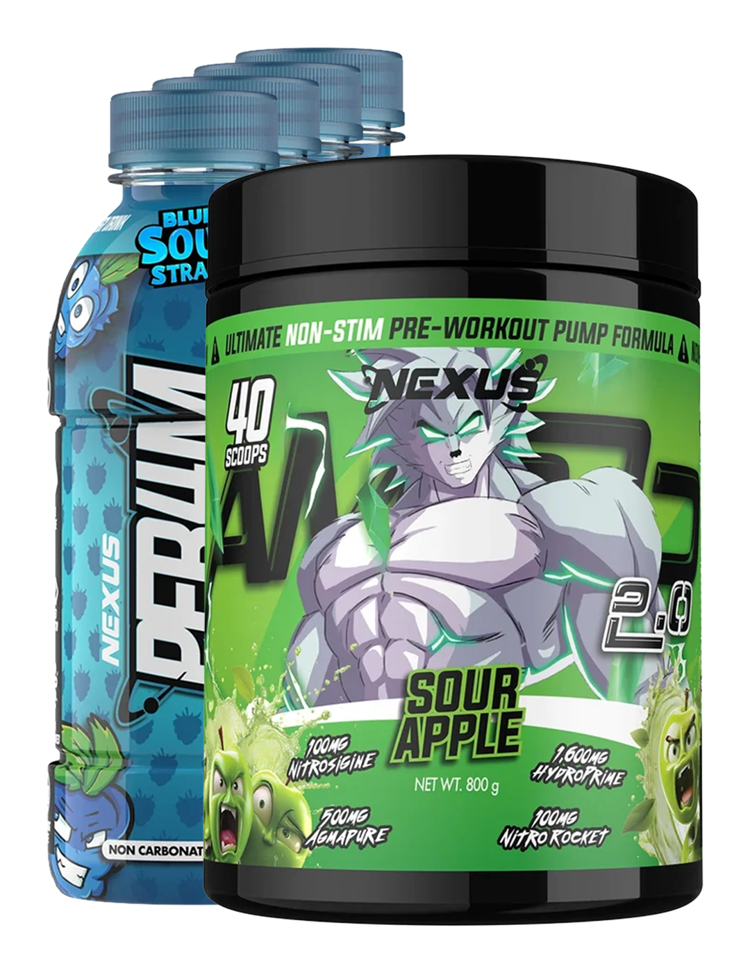 Nexus AMP3D 2.0 Non-Stim Pre-Workout Sour Apple 40 Servings Tub with Four Nexus PER4M Blue Sour Straps RTD Bottles – Nexus Sports Nutrition | ASN