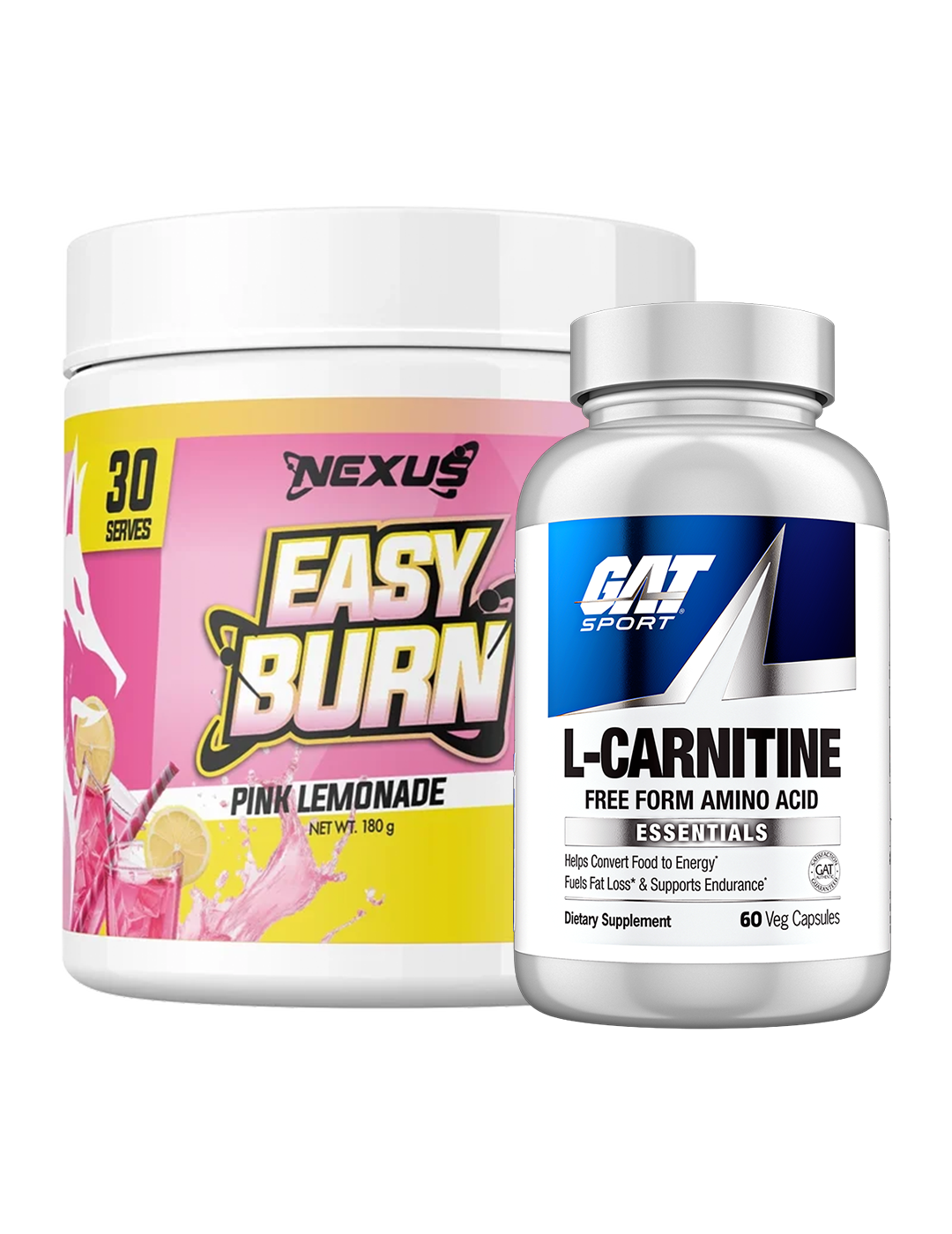 Nexus EasyBurn Fat Burner Pink Lemonade 30 Servings Bundle with GAT Sport Essentials L-Carnitine 60 Capsules – Nexus Sports Nutrition | ASN
