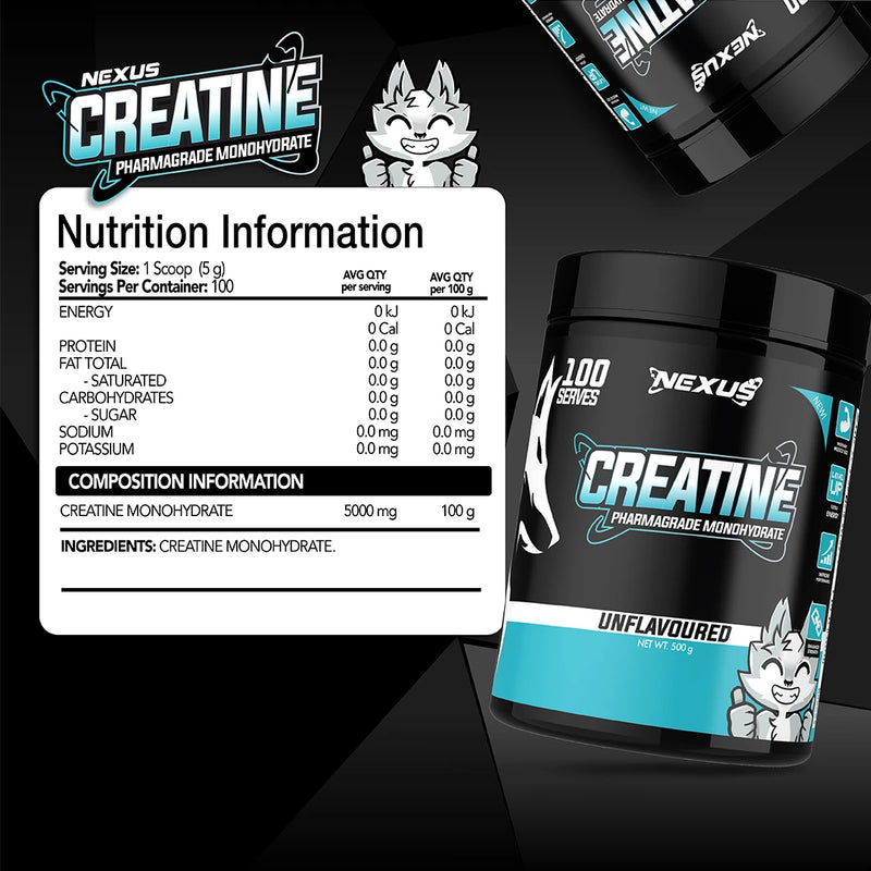 Nexus Creatine Monohydrate Essentials 500g Supplement Facts Panel – Nexus Sports Nutrition | ASN