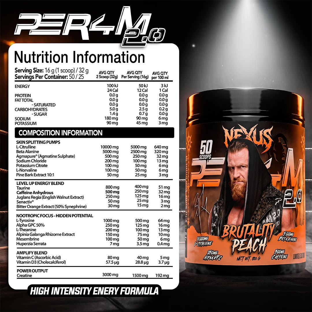 Nexus PER4M 2.0 Pre-Workout Brutality Peach Nutrition Information Panel – Nexus Sports Nutrition | ASN