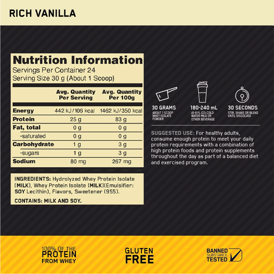 ON Gold Standard Isolate Label Rich Vanilla 24 Servings | ASN