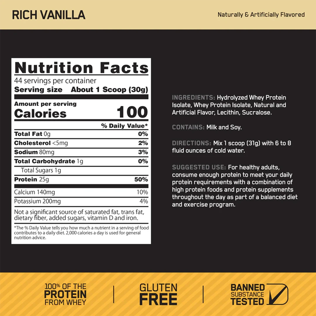 ON Gold Standard Isolate Label Rich Vanilla 44 Servings | ASN