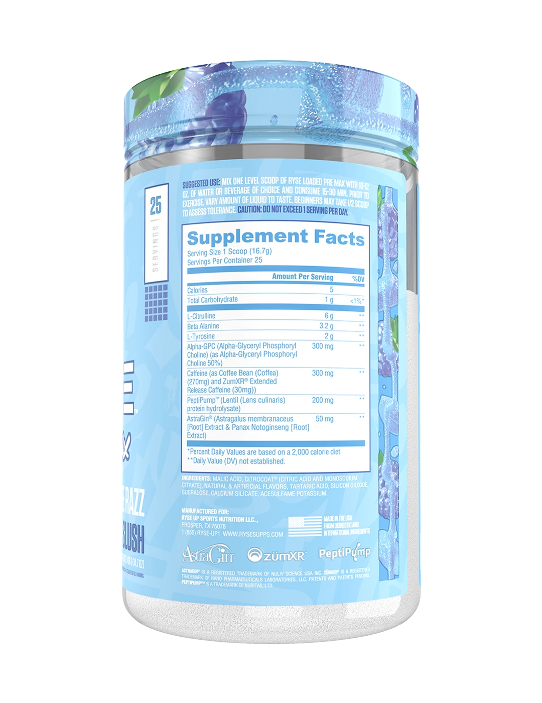 Ryse Loaded Pre Max 25 Servings Blue Razz Slush SFP | ASN
