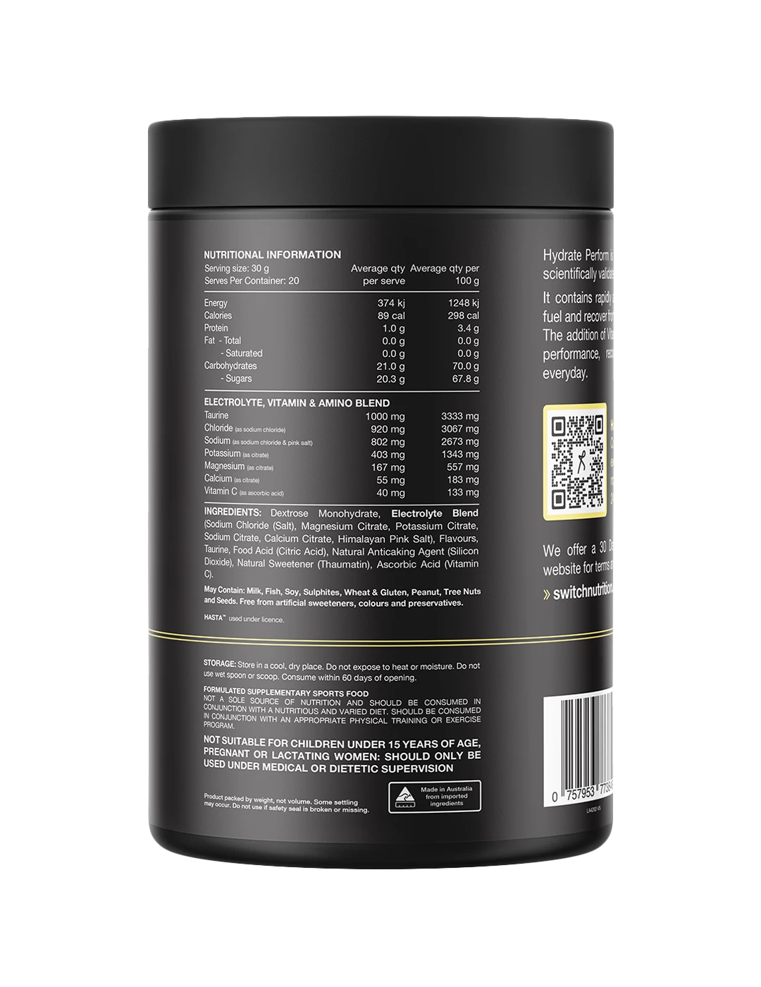 Switch Nutrition Hydrate Perform Electrolytes + Carbohydrate Blend
