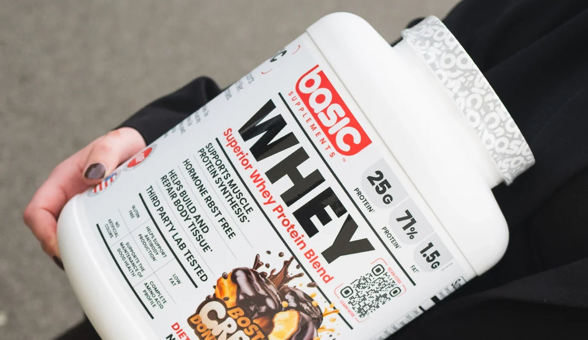 Person holding a tub of Basic Supplements Whey Blend Boston Cream Donut