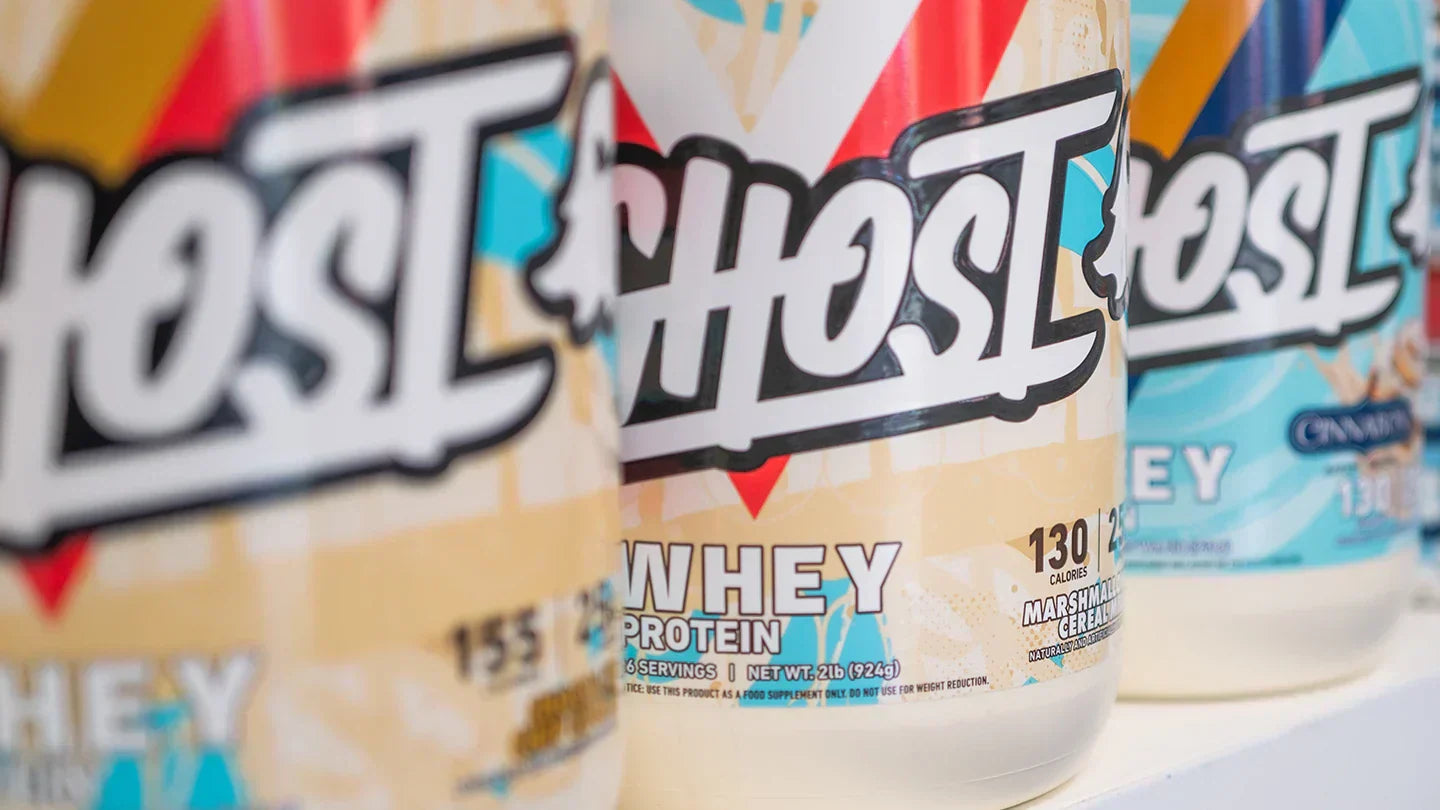 Ghost Whey Protein Tubs on Shelf