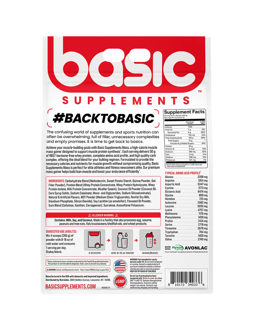 Basic Supplements Mass 15 LB Vanilla Back | ASN