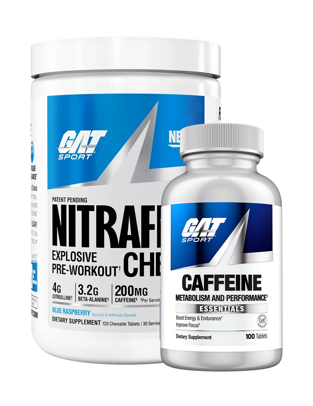 GAT Sport Nitraflex Pre-Workout Chews Blue Raspberry 30 Servings with GAT Sport Caffeine Essentials 100 Tablets Bundle – GAT Sport | ASN