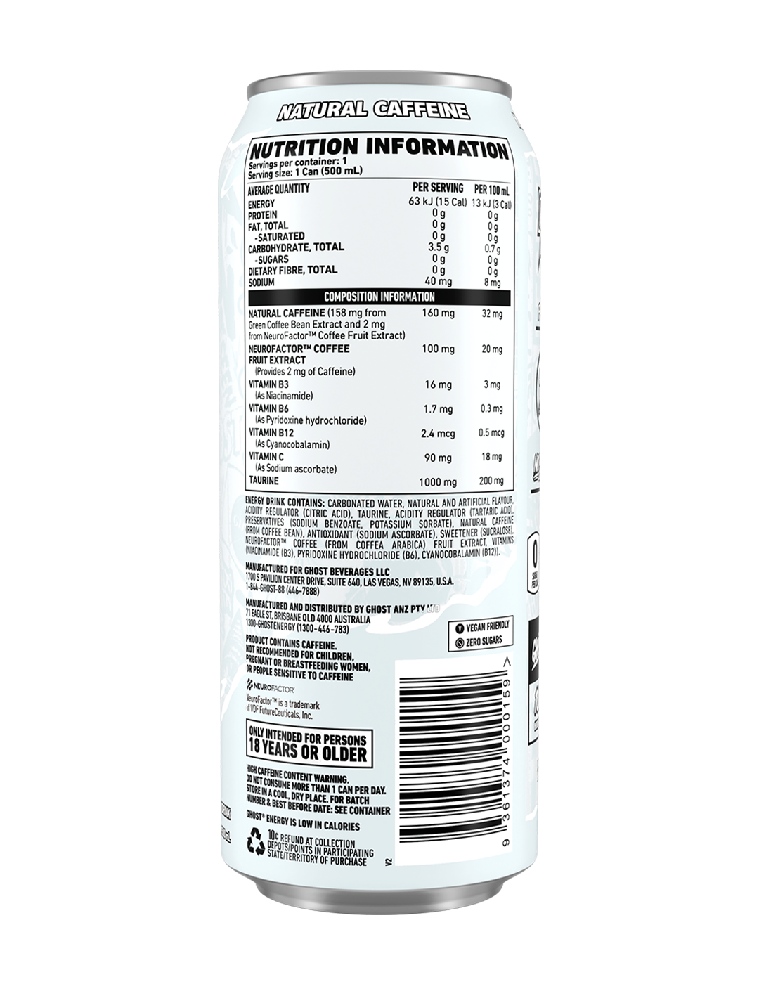 Ghost Energy Drink Original 500mL Nutrition Information Panel – GHOST | ASN