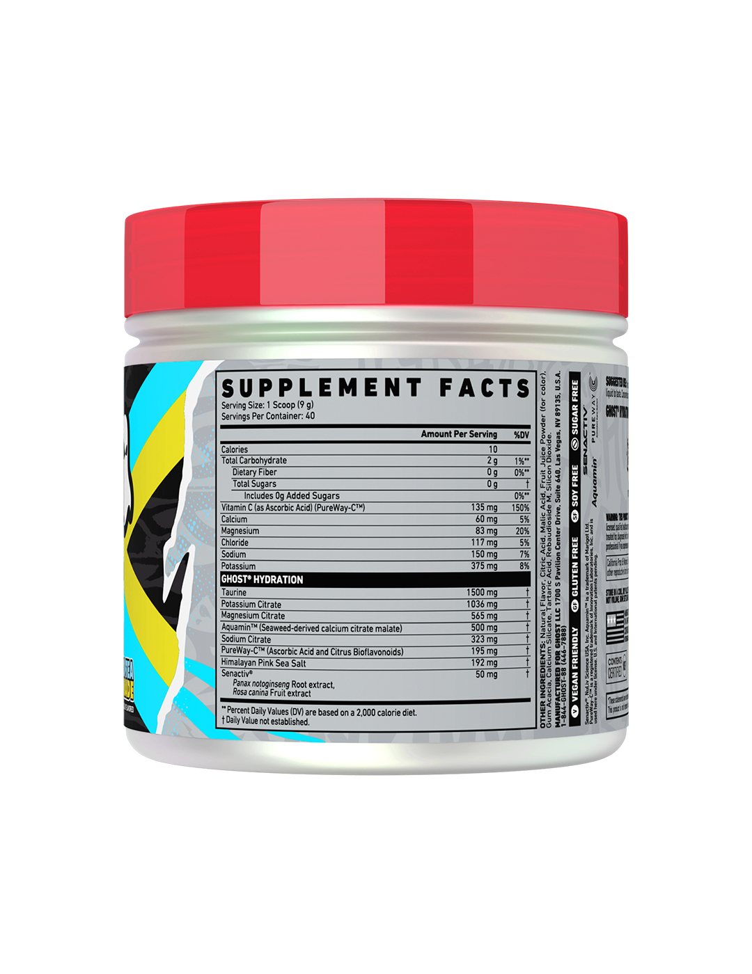 Ghost Hydration Electrolytes+ Iced Tea Lemonade 40 Servings Supplement Facts Panel – GHOST | ASN