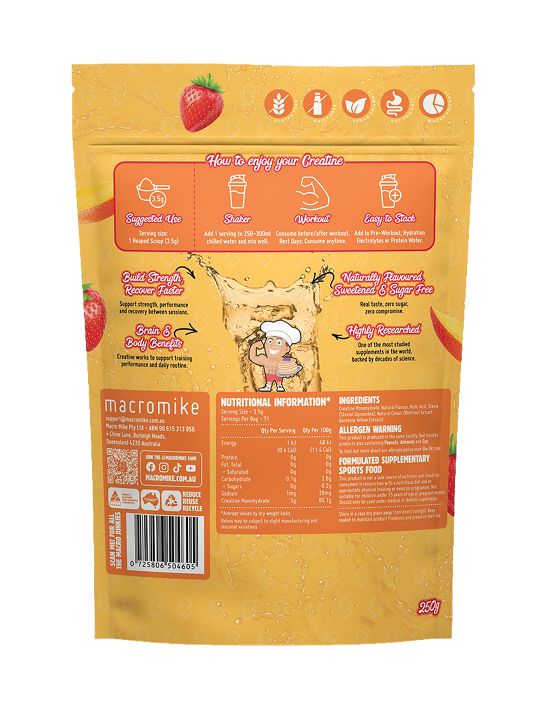 Macro Mike Creatine Monohydrate Strawberry Mango Crush 250g Nutrition Information Panel – Macro Mike | ASN