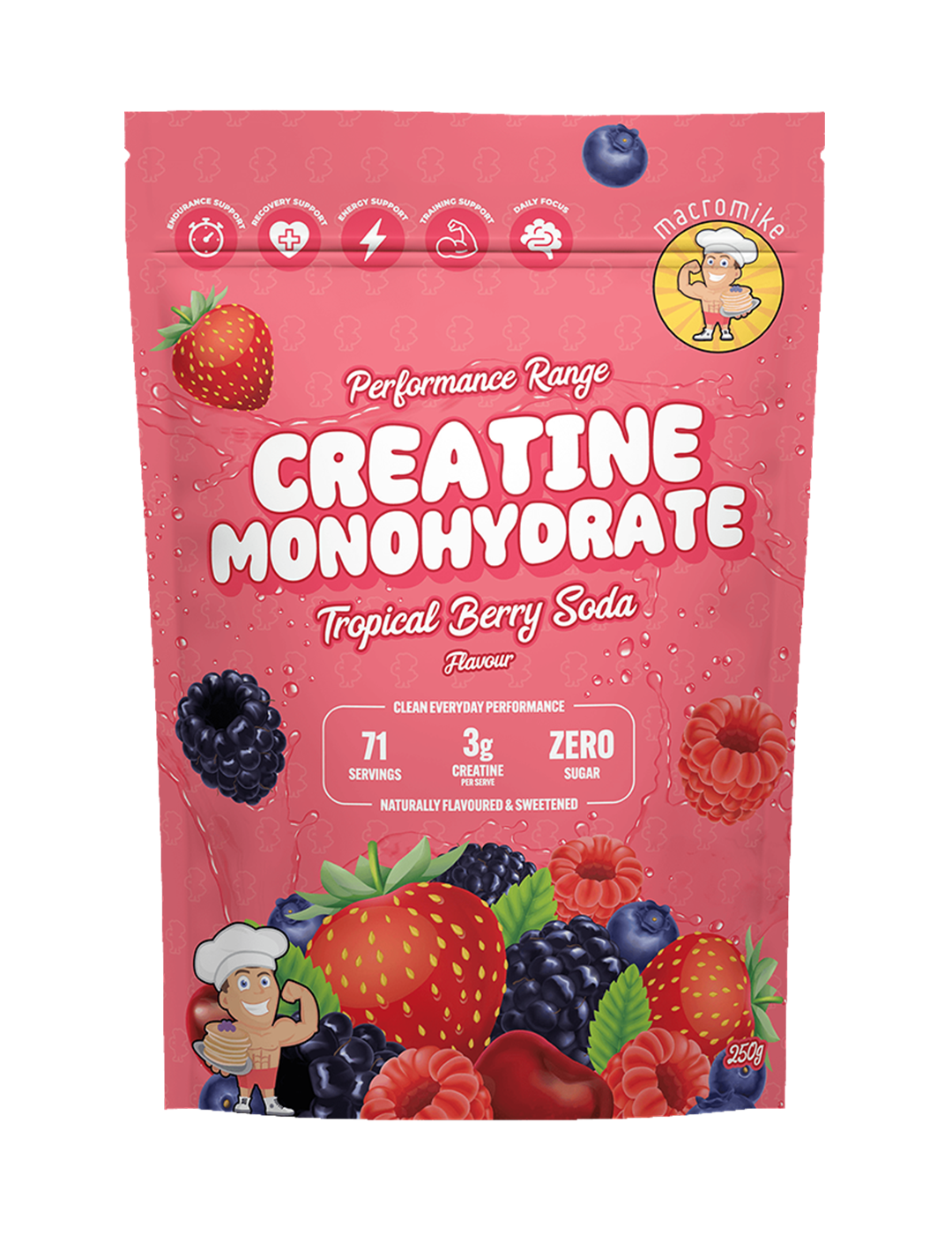 Macro Mike Creatine Monohydrate Tropical Berry Soda 250g Front – Macro Mike | ASN