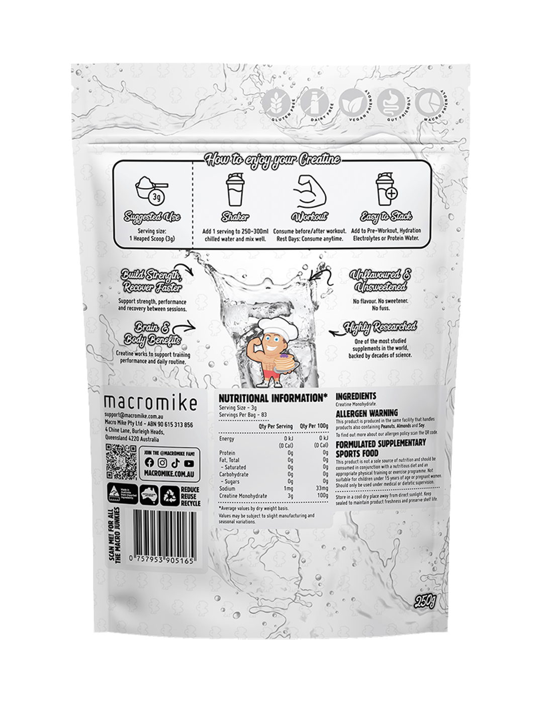 Macro Mike Creatine Monohydrate Unflavoured 250g Nutrition Information Panel – Macro Mike | ASN