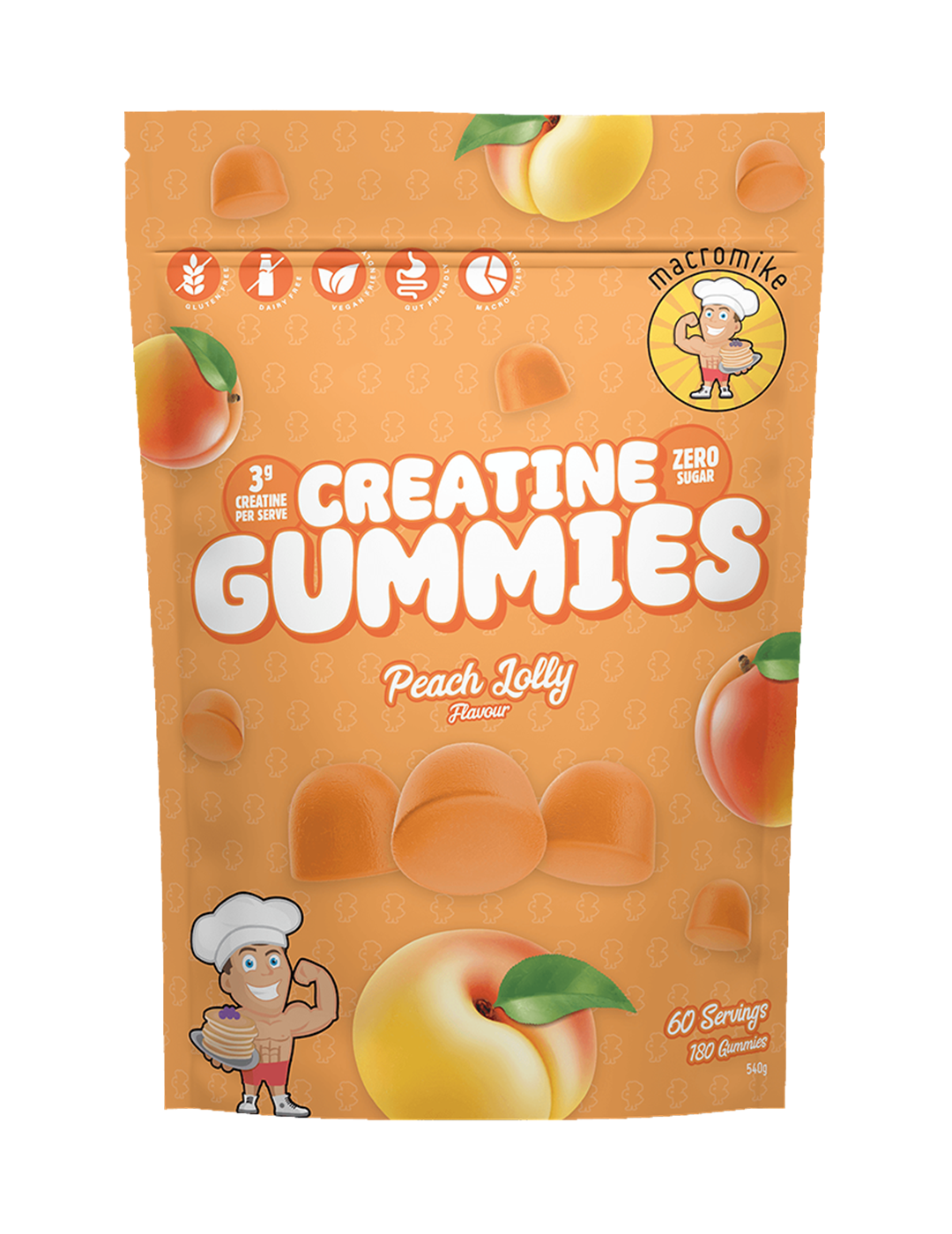 Macro Mike Creatine Gummies Peach Lolly 540g Front – Macro Mike | ASN
