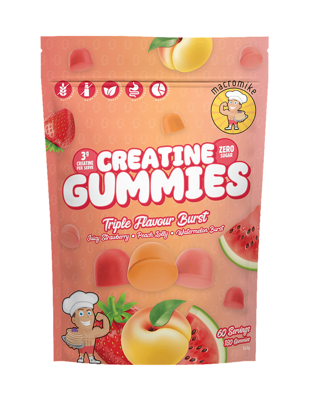 Macro Mike Creatine Gummies Triple Flavour Burst 540g Front – Macro Mike | ASN