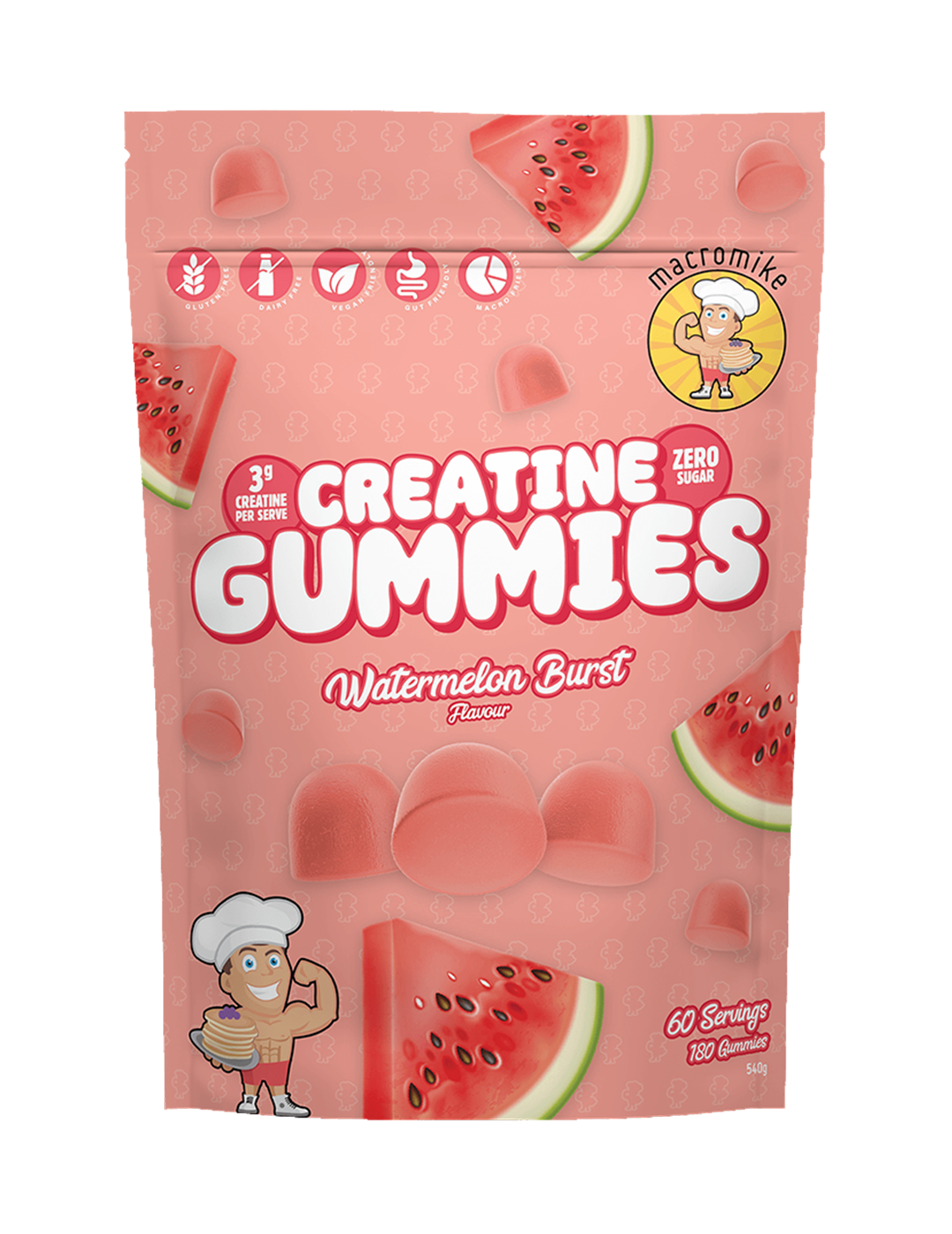 Macro Mike Creatine Gummies Watermelon Burst 540g Front – Macro Mike | ASN
