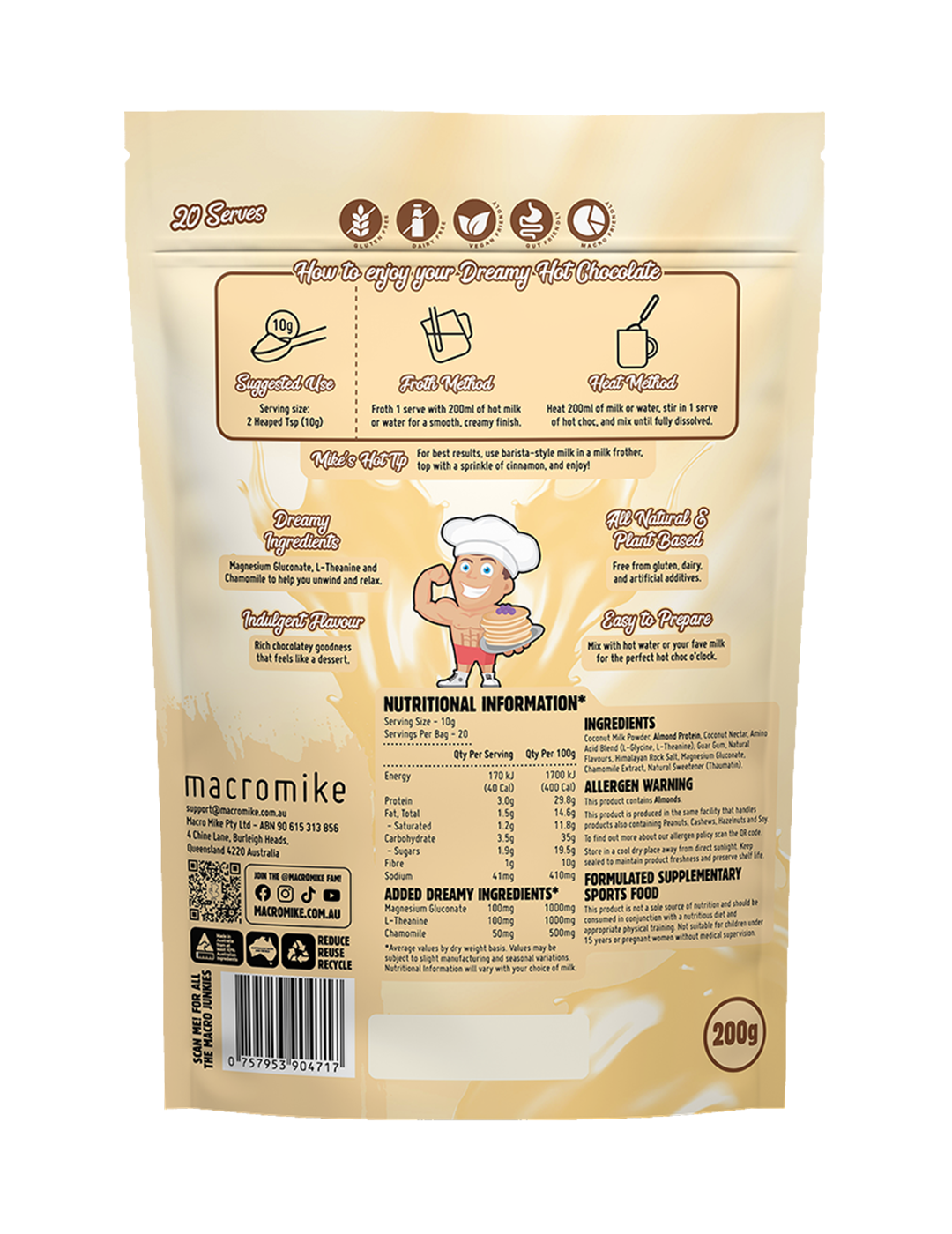Macro Mike Dreamy Hot Chocolate Creamy White Choc 200g Nutrition Information Panel – Macro Mike | ASN