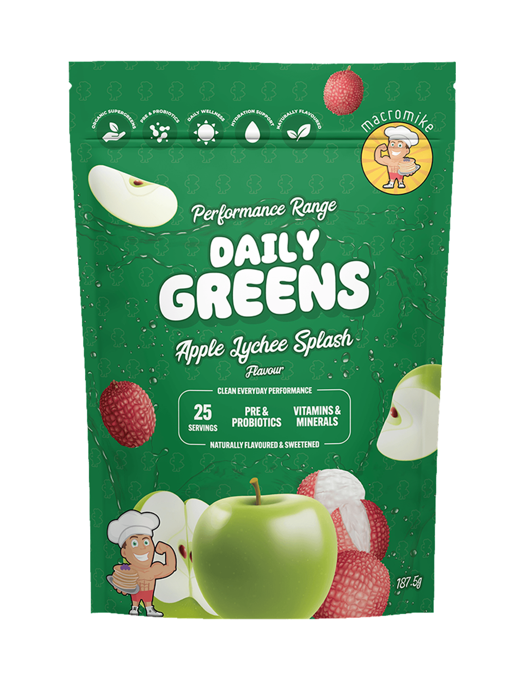 Macro Mike Daily Greens Apple Lychee Splash 187.5g Front – Macro Mike | ASN